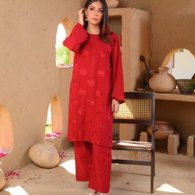 girl in a Daring Red Desire embroidered outfit standing in a rustic clay room.
